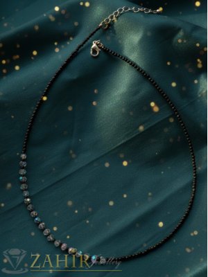  Уникално колие тип чокър фино колие със стъклени PRECIOSA чешки черни мъниста и триъгълни кристали - N1633